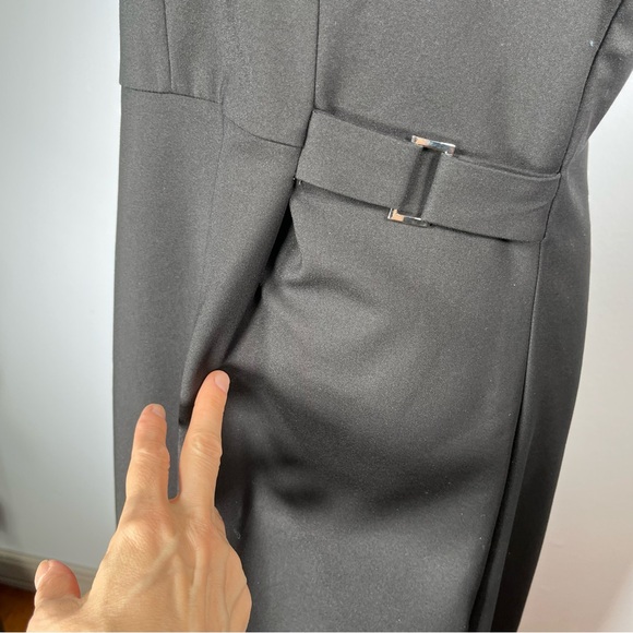 Long Tall Sally Black Midi Dress Belted Short Cap Sleeve V-Neck Classic Tailored - Picture 5 of 15